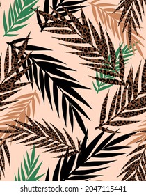 Abstract Hand Drawing Tropical Exotic Leaves with Leopard Cheetah Animal Skin Texture Seamless Vector Pattern Isolated Salmon Background