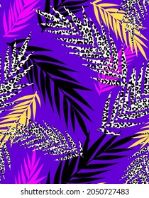 Abstract Hand Drawing Tropical Exotic Leaves with Leopard Cheetah Animal Skin Texture Seamless Vector Pattern Isolated Purple Background