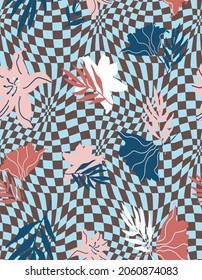 Abstract Hand Drawing Tropical Exotic Hibiscus Flowers and Leaves Seamless Vector Pattern with Optical Chess Board Checkered Background