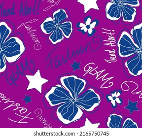 Abstract Hand Drawing Tropical Exotic Hibiscus Flowers Stars and Fashion Slogans Seamless Vector Pattern Isolated Background