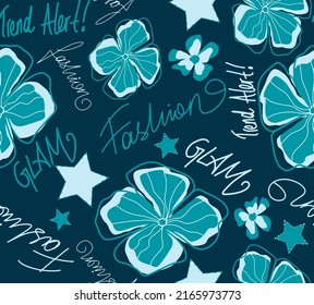 Abstract Hand Drawing Tropical Exotic Hibiscus Flowers Stars and Fashion Slogans Seamless Vector Pattern Isolated Background