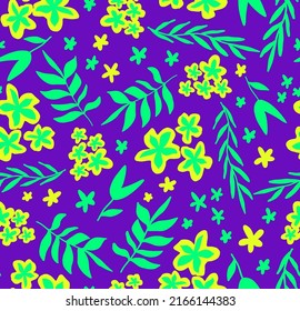 Abstract Hand Drawing Tropical Exotic Retro Flowers and Leaves Seamless Vector Pattern Isolated Background