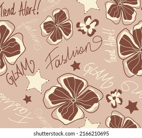 Abstract Hand Drawing Tropical Exotic Hibiscus Flowers Stars and Fashion Slogans Seamless Vector Pattern Isolated Background
