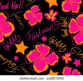 Abstract Hand Drawing Tropical Exotic Hibiscus Flowers Stars and Fashion Slogans Seamless Vector Pattern Isolated Background