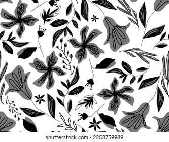 Abstract Hand Drawing Tropical Exotic Hibiscus Flowers Branches and Leaves Seamless Vector Pattern Isolated Background