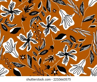 Abstract Hand Drawing Tropical Exotic Hibiscus Flowers Branches and Leaves Seamless Vector Pattern Isolated Background