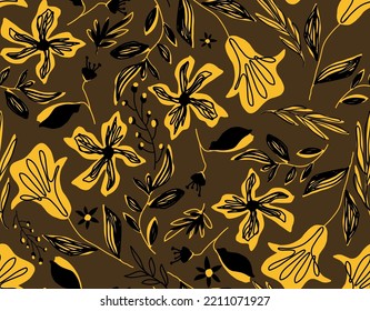 Abstract Hand Drawing Tropical Exotic Hibiscus Flowers Branches and Leaves Seamless Vector Pattern Isolated Background