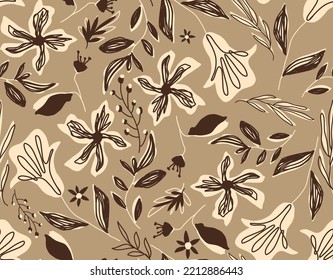 Abstract Hand Drawing Tropical Exotic Hibiscus Flowers Branches and Leaves Seamless Vector Pattern Isolated Background