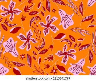 Abstract Hand Drawing Tropical Exotic Hibiscus Flowers Branches and Leaves Seamless Vector Pattern Isolated Background