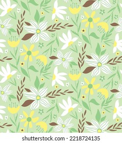 Abstract Hand Drawing Tropical Exotic Botanical Ditsy Flowers Branches and Leaves Seamless Vector Pattern Isolated Background