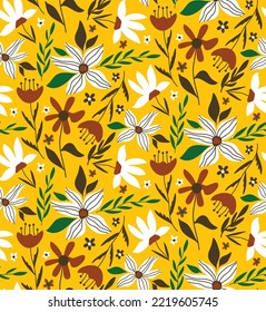 Abstract Hand Drawing Tropical Exotic Botanical Ditsy Flowers Branches and Leaves Seamless Vector Pattern Isolated Background