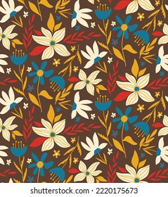 Abstract Hand Drawing Tropical Exotic Botanical Ditsy Flowers Branches and Leaves Seamless Vector Pattern Isolated Background