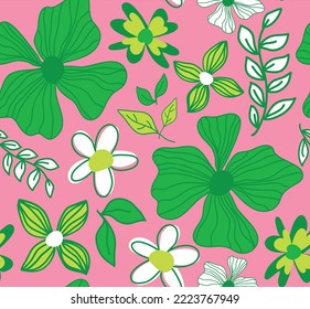 Abstract Hand Drawing Tropical Exotic Hibiscus Flowers Branches and Leaves Seamless Vector Pattern Isolated Background