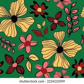 Abstract Hand Drawing Tropical Exotic Hibiscus Flowers Branches and Leaves Seamless Vector Pattern Isolated Background