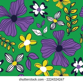 Abstract Hand Drawing Tropical Exotic Hibiscus Flowers Branches and Leaves Seamless Vector Pattern Isolated Background
