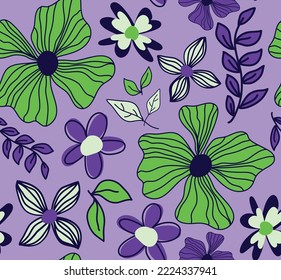 Abstract Hand Drawing Tropical Exotic Hibiscus Flowers Branches and Leaves Seamless Vector Pattern Isolated Background