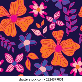Abstract Hand Drawing Tropical Exotic Hibiscus Flowers Branches and Leaves Seamless Vector Pattern Isolated Background