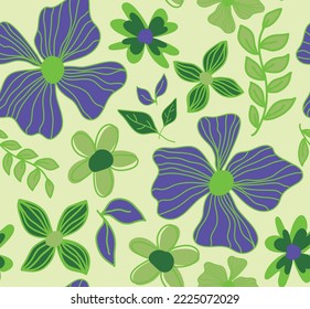 Abstract Hand Drawing Tropical Exotic Hibiscus Flowers Branches and Leaves Seamless Vector Pattern Isolated Background