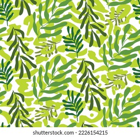 Abstract Hand Drawing Tropical Exotic Leaves and Leopard Cheetah Animal Skin Seamless Vector Pattern Isolated Background