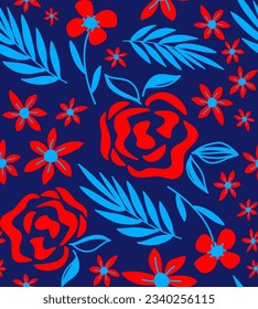 Abstract Hand Drawing Tropical Exotic Flowers Leaves and Roses Seamless Vector Pattern Isolated Background