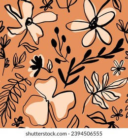 Abstract Hand Drawing Tropical Exotic Mix Flowers Branches and Leaves Seamless Vector Pattern Isolated Background