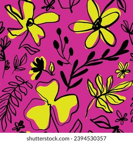 Abstract Hand Drawing Tropical Exotic Mix Flowers Branches and Leaves Seamless Vector Pattern Isolated Background