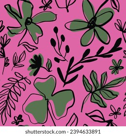 Abstract Hand Drawing Tropical Exotic Mix Flowers Branches and Leaves Seamless Vector Pattern Isolated Background