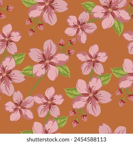 Abstract Hand Drawing Tropical Exotic Hibiscus Flowers and Leaves Seamless Pattern with Tie Dye Background