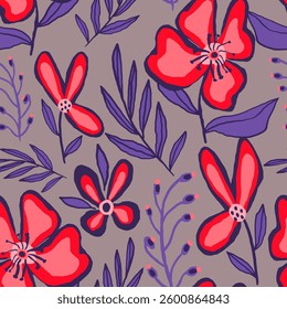 Abstract Hand Drawing Tropical Exotic Mix Flowers Branches and Leaves Seamless Vector Pattern Isolated Background	