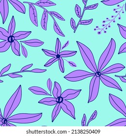 Abstract Hand Drawing Tropical Flowers and Leaves Seamless Vector Pattern Isolated Background