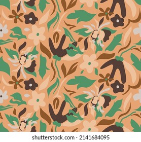 Abstract Hand Drawing Tropical Flowers Branches and Leaves Seamless Vector Pattern Isolated Background