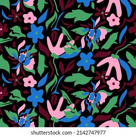 Abstract Hand Drawing Tropical Flowers Branches and Leaves Seamless Vector Pattern Isolated Background