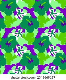 Abstract Hand Drawing Tropical Hibiscus Flowers and Leaves Seamless Vector Pattern Isolated Background