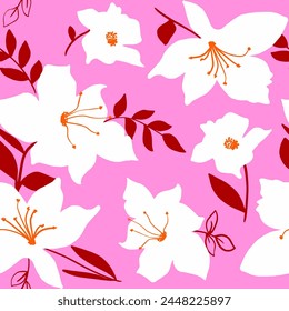 Abstract Hand Drawing Tropical Hibiscus Lily Orchid Flowers Seamless Textile Vector Pattern Isolated Background