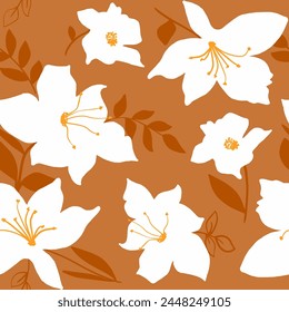 Abstract Hand Drawing Tropical Hibiscus Lily Orchid Flowers Seamless Textile Vector Pattern Isolated Background