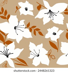 Abstract Hand Drawing Tropical Hibiscus Lily Orchid Flowers Seamless Textile Vector Pattern Isolated Background