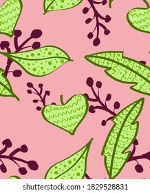 Abstract Hand Drawing Tropical Leaves and Branches Repeating Vector Pattern Isolated Background