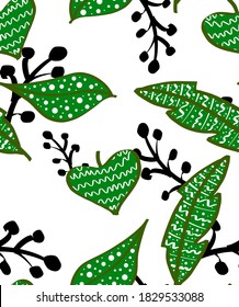 Abstract Hand Drawing Tropical Leaves and Branches Repeating Vector Pattern Isolated Background