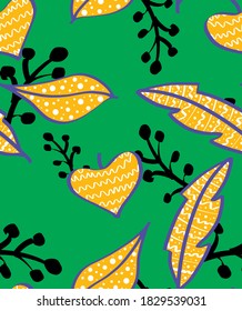 Abstract Hand Drawing Tropical Leaves and Branches Repeating Vector Pattern Isolated Background