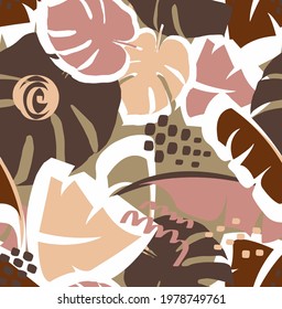 Abstract Hand Drawing Tropical Leaves and Geometric Shapes Repeating Vector Pattern Colorful Background