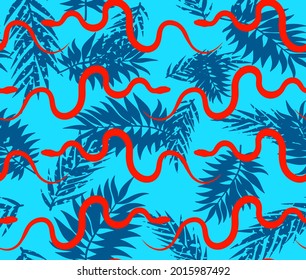 Abstract Hand Drawing Tropical Leaves and Snakes Seamless Summer Concept Vector Pattern Isolated Background