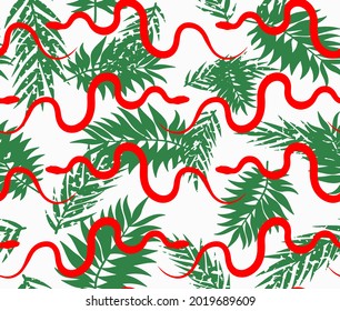 Abstract Hand Drawing Tropical Leaves and Snakes Seamless Summer Concept Vector Pattern Isolated Background