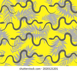 Abstract Hand Drawing Tropical Leaves and Snakes Seamless Summer Concept Vector Pattern Isolated Background