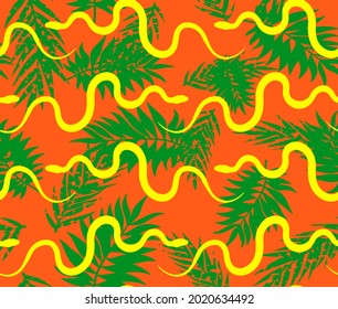 Abstract Hand Drawing Tropical Leaves and Snakes Seamless Summer Concept Vector Pattern Isolated Background