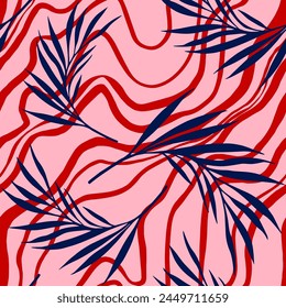 Abstract Hand Drawing Tropical Leaves with Diagonal Wavy  Brush Strokes Zebra Stripes Lines Seamless Vector Pattern Isolated Background