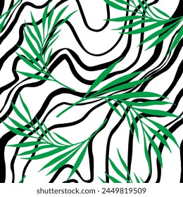 Abstract Hand Drawing Tropical Leaves with Diagonal Wavy  Brush Strokes Zebra Stripes Lines Seamless Vector Pattern Isolated Background