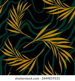 Abstract Hand Drawing Tropical Leaves with Diagonal Wavy  Brush Strokes Zebra Stripes Lines Seamless Vector Pattern Isolated Background