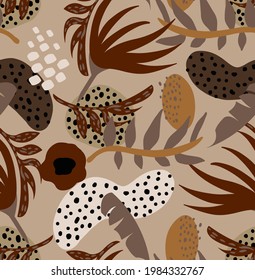 Abstract Hand Drawing Tropical Monstera Exotic Leaves and Geometric Shapes Repeating Vector Pattern Isolated Background