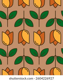 Abstract Hand Drawing Tulips and Leaves Seamless Vector Pattern Isolated Background