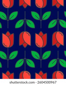 Abstract Hand Drawing Tulips and Leaves Seamless Vector Pattern Isolated Background
